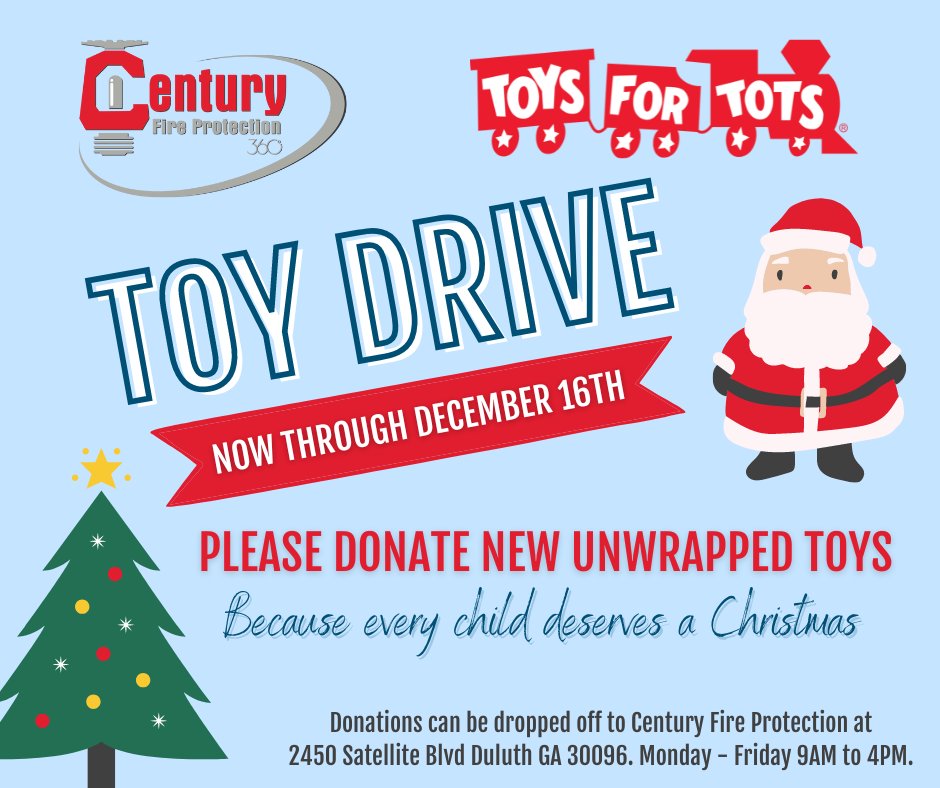 CenturyFP's tweet photo. We believe every child deserves a Christmas so we've partnered with Toys for Tots to serve as a drop-off location until December 16th! New, unwrapped toys can be dropped off M-F from 9am-4pm at 2450 Satellite Blvd Duluth, GA 30096..
#FirstServeOthers #ToysForTots https://t.co/xtTTUnerNo