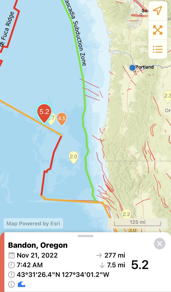 RT @Zaffino: 5.2 Mag earthquake about 275 miles west of Bandon this morning.  No tsunami expected. #kgwweather https://t.co/JfL7TdIAlM