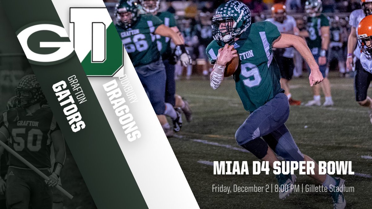 It's Officially, Official. 

No. 2 @GraftonHSFB (11-0) Will Face No. 1 <a href="/DuxHSAthletics/">Duxbury Dragons Athletics</a>  (10-0) On Friday, December 2, 8:00 PM at Gillette For The <a href="/MIAA033/">MIAA</a> Division 4 Championship.

Let's Go GATORS!! #GoGraftonGo #GoGators 

<a href="/tgsports/">Worcester T&G Sports</a> <a href="/SpecNews1Worc/">Spectrum News 1 Worcester</a>