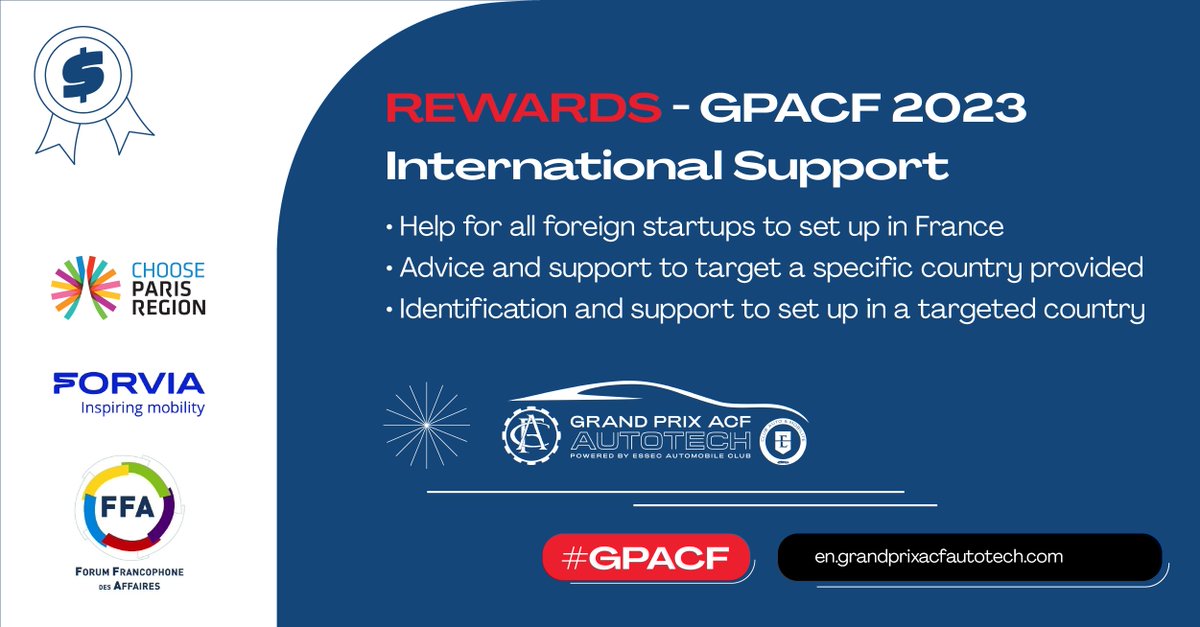 International business development is one of the rewards at #GPACF 2023🏆

🇫🇷Help for all non-French startups to establish themselves in France
💬Advice and support to target a specific country
📍Identification and support to set up in a target country

🔗grandprixacfautotech.com/#21
