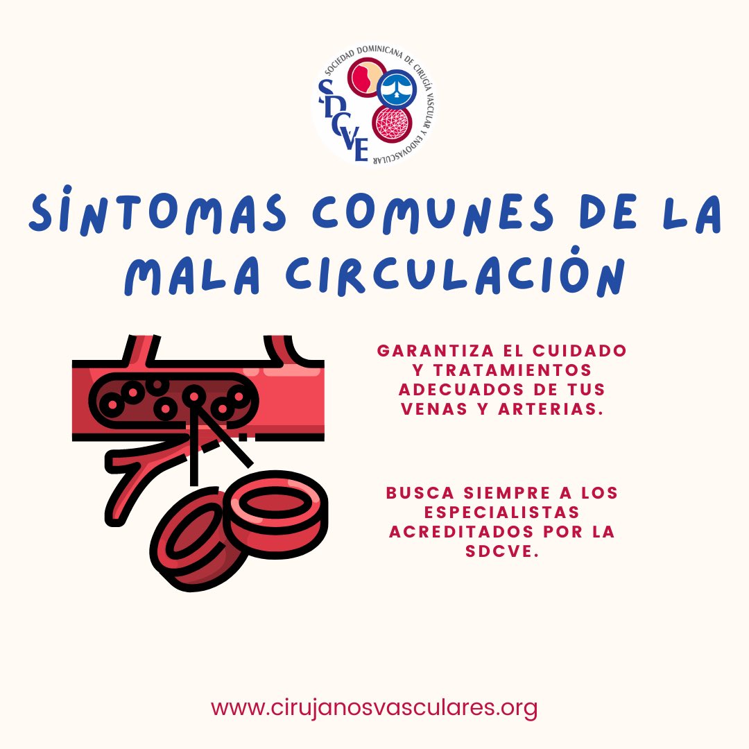 SDVascular's tweet photo. ¿Te has preguntado cuáles son las señales de una mala circulación?

Ya sabes que sus consecuencias pueden complicarte. Ahora veamos cómo puedes saber si tienes mala circulación.

Si tienes más de uno de estos síntomas, no dudes en buscar a uno de nuestros #VascularesRD.

#SDCVE https://t.co/sqgNyJ1EKc