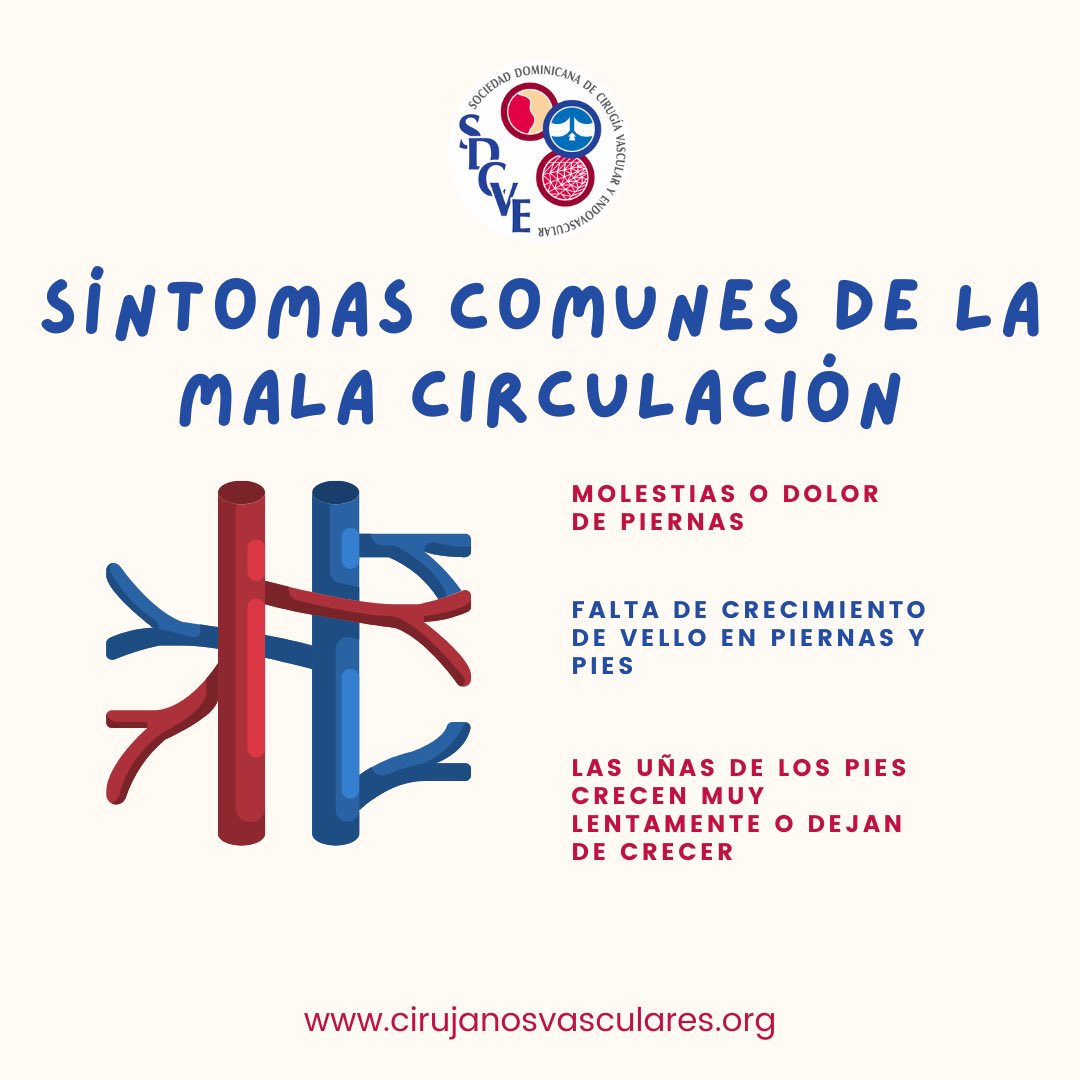 SDVascular's tweet photo. ¿Te has preguntado cuáles son las señales de una mala circulación?

Ya sabes que sus consecuencias pueden complicarte. Ahora veamos cómo puedes saber si tienes mala circulación.

Si tienes más de uno de estos síntomas, no dudes en buscar a uno de nuestros #VascularesRD.

#SDCVE https://t.co/sqgNyJ1EKc
