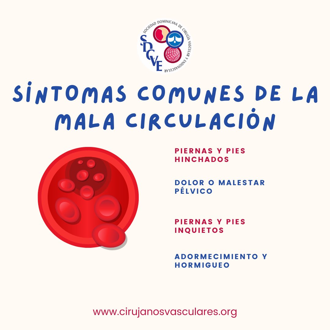 SDVascular's tweet photo. ¿Te has preguntado cuáles son las señales de una mala circulación?

Ya sabes que sus consecuencias pueden complicarte. Ahora veamos cómo puedes saber si tienes mala circulación.

Si tienes más de uno de estos síntomas, no dudes en buscar a uno de nuestros #VascularesRD.

#SDCVE https://t.co/sqgNyJ1EKc