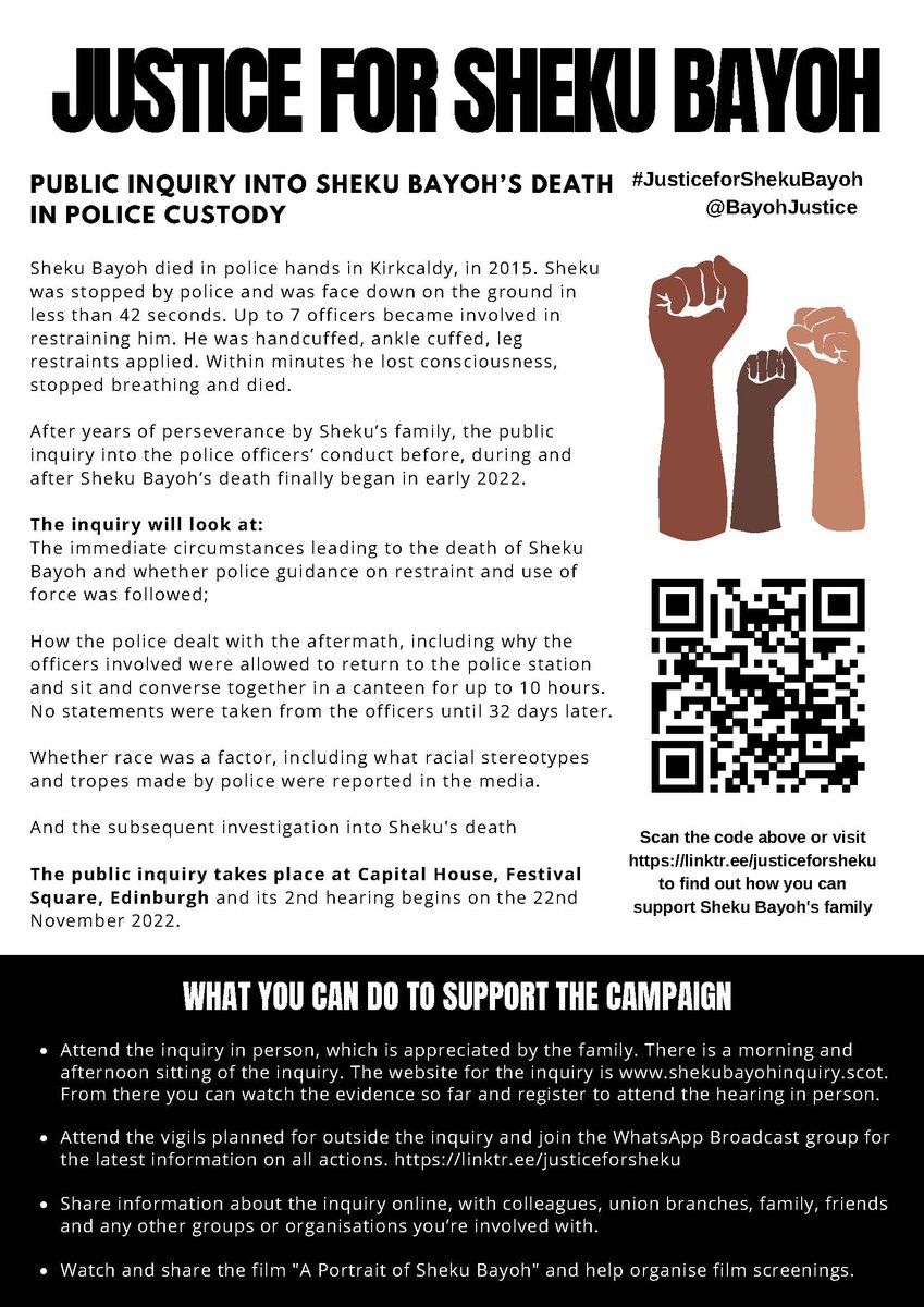 JUSTICE FOR SHEKU BAYOH

📍Public Inquiry restarts tomorrow (22 Nov) at Capital House, Edinburgh. 
🫂Join the vigil from 0830 + show your support. 
📢Music from Protest in Harmony + lots of speakers. 

linktr.ee/justiceforsheku 
#justiceforsheku