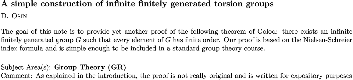 arxiv.org/abs/2211.09989…
D Osin
A simple construction of infinite finitely generated torsion groups