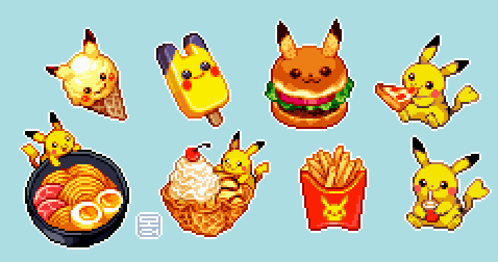 ピカチュウ 「pika foods from uhh 2018 :)#PixelArt 」|moaw! haha hehe hohoのイラスト