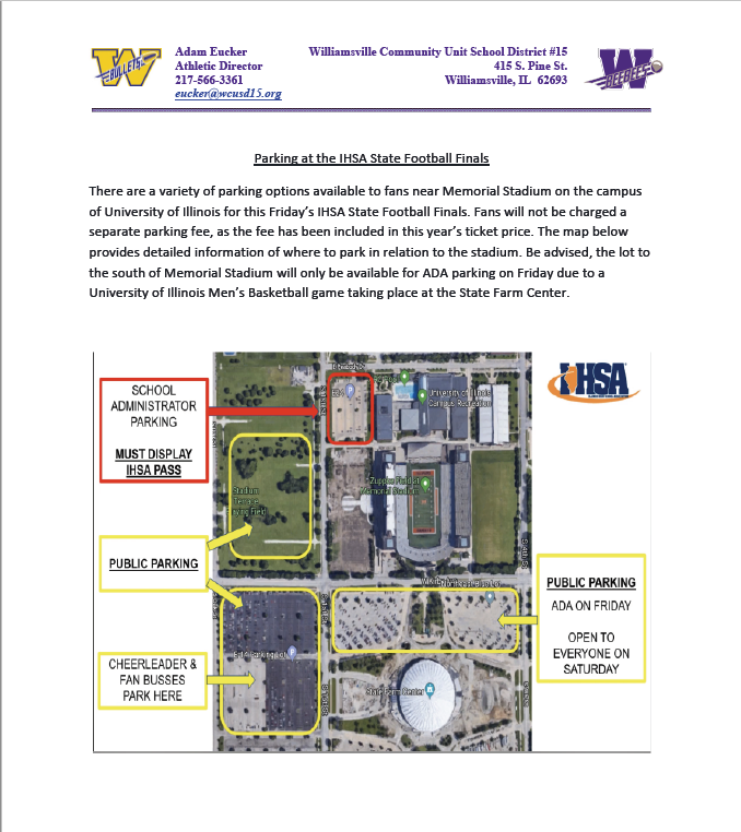 wcusd15sports's tweet photo. Please see the information below concerning parking for the @IHSA_IL state football finals on the campus of @UofIllinois this Friday. #bulletpride #embracethemoment https://t.co/EOd31YeKwr
