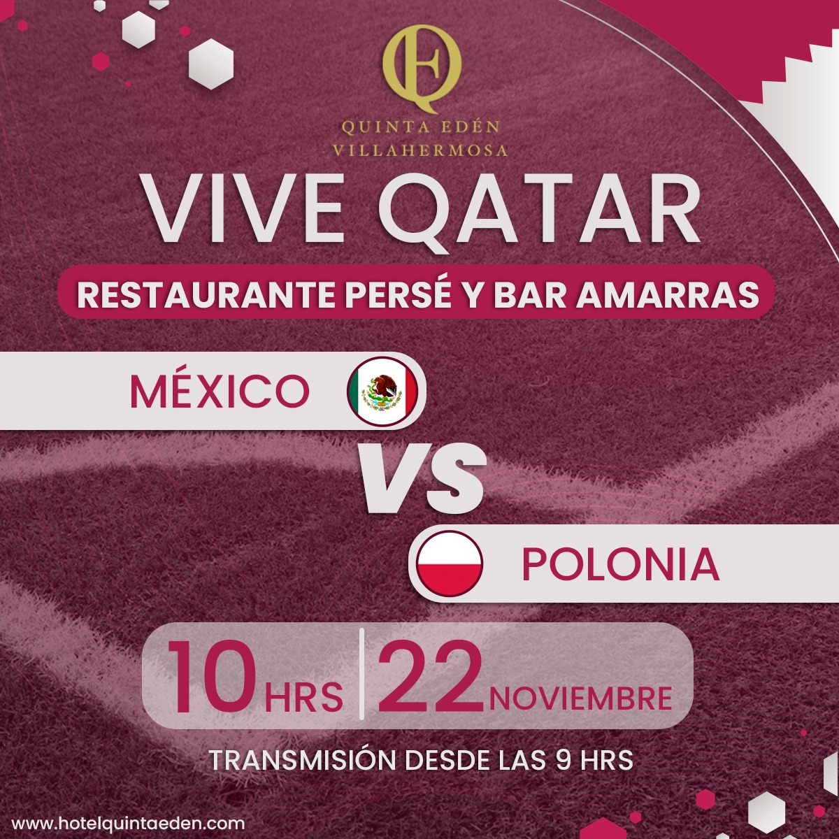 TabascoHOY's tweet photo. 🗣️¡Apoya a la selección mexicana!🎉🇲🇽 Vive la emoción del mundial de #Qatar2022 en el restaurante #Persé y el Bar #Amarras del 
@QuintaEdenVsa
.🍽️😋 Transmisión desde las 9 hrs.⚽️ 
https://t.co/kIZYO0Wq9C https://t.co/VISODkQv1W