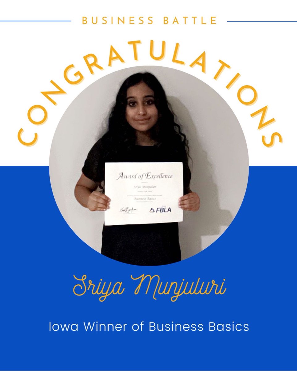 WaukeeFBLA's tweet photo. Congratulations to our Business Battle winners! These members competed against others from all over the state and earned first place! Shoutout to Lakshanyaa who placed first nationally in Management and Decision Making! https://t.co/TnJluuYaE0