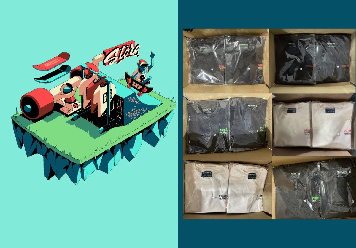 Primatesnft's tweet image. Production has finally finished!

- 2000 shirts (6 unique designs)
- 200 skateboards (2 unique designs)
- 600 XXL mousepads (4 unique designs)
- 400 caps (1 unique design)

All at cost, for holders, coming soon :)