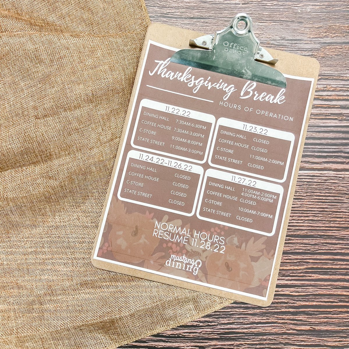 Thanksgiving Break is upon us which means limited hours of operation for all Mustang Dining locations🦃