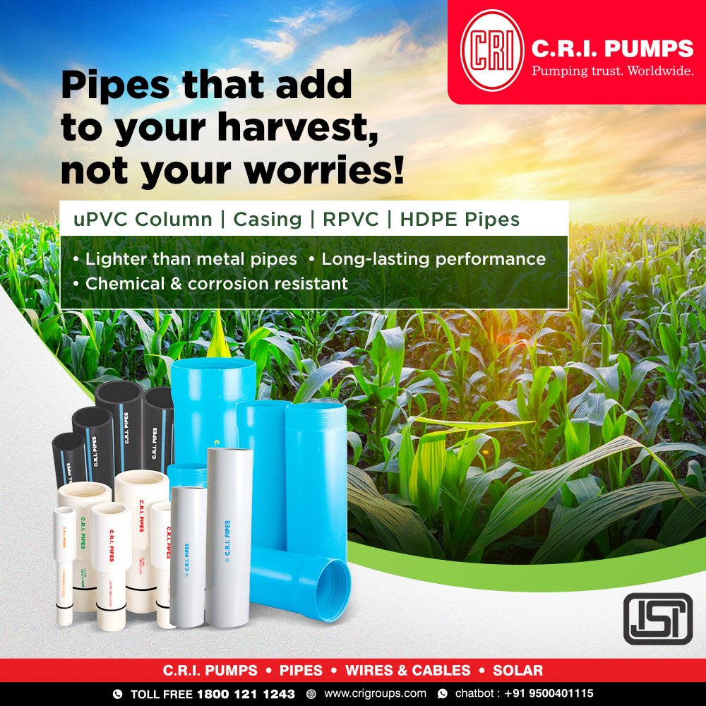 cri_groups's tweet photo. C.R.I. Pipes are designed to withstand high pressure, and all of these pipes have longer life because of their rigid build. 

To know more about these pipes, visit our website - https://t.co/dJNpTAI0t5. 

#CRI #CRIGroup #CRIPipes #CRIPumps #Pipes #Mining #Borewells https://t.co/nHTQKAF2Xv