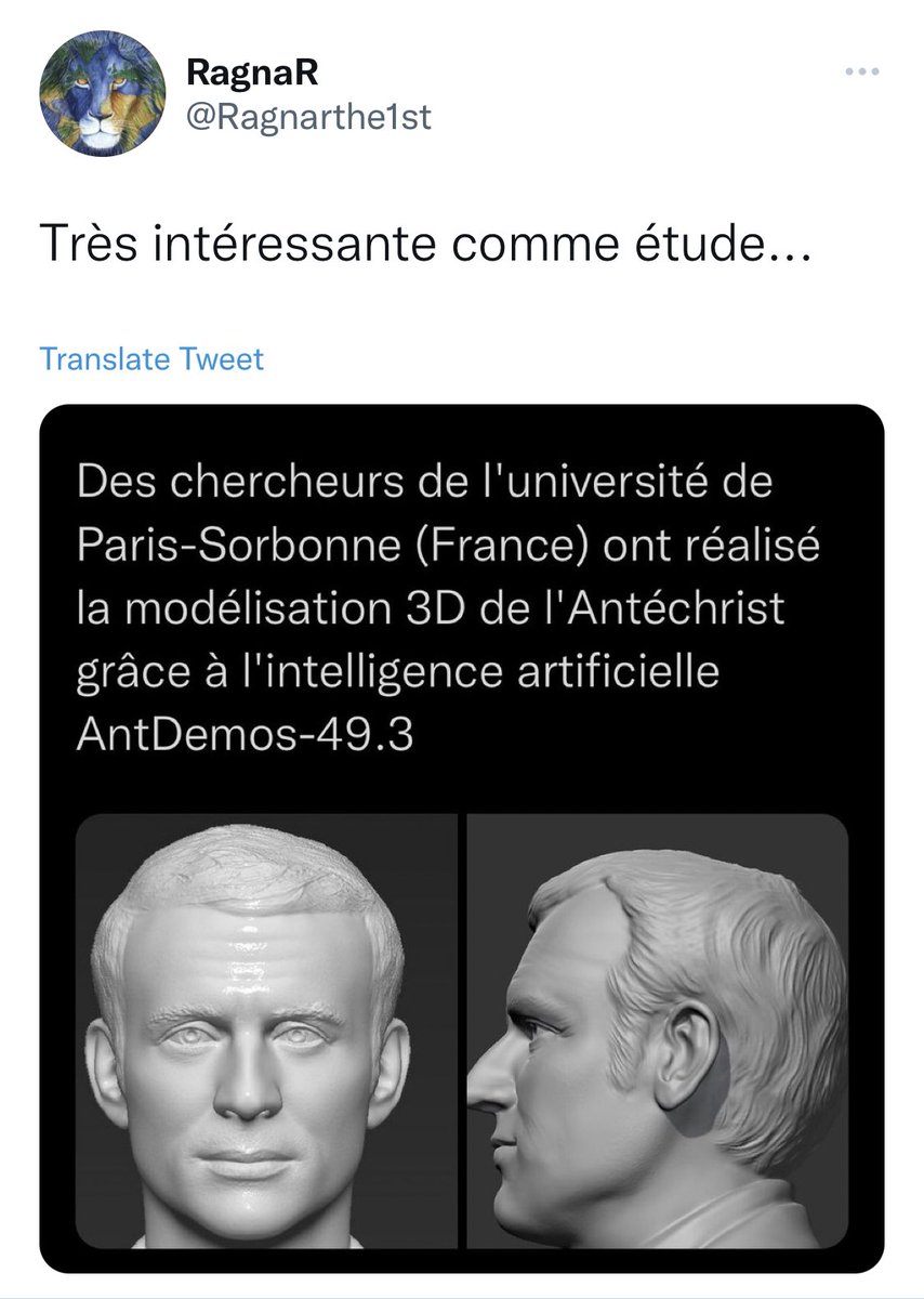 Xaeris357's tweet photo. Le niveau de stupidité des comploplos me surprendra toujours. Citer une photo sans source avec une modélisation de Macron par une IA nommée AntDemos-49.3 et ils prennent ça au premier degré 🤯 https://t.co/qsX5y7Usan