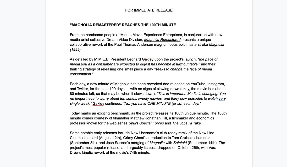 MMExperienceEnt's tweet image. FOR IMMEDIATE RELEASE - 

**MAGNOLIA REMASTERED REACHES THE 100TH MINUTE**

tinyurl.com/magnolia-relea…