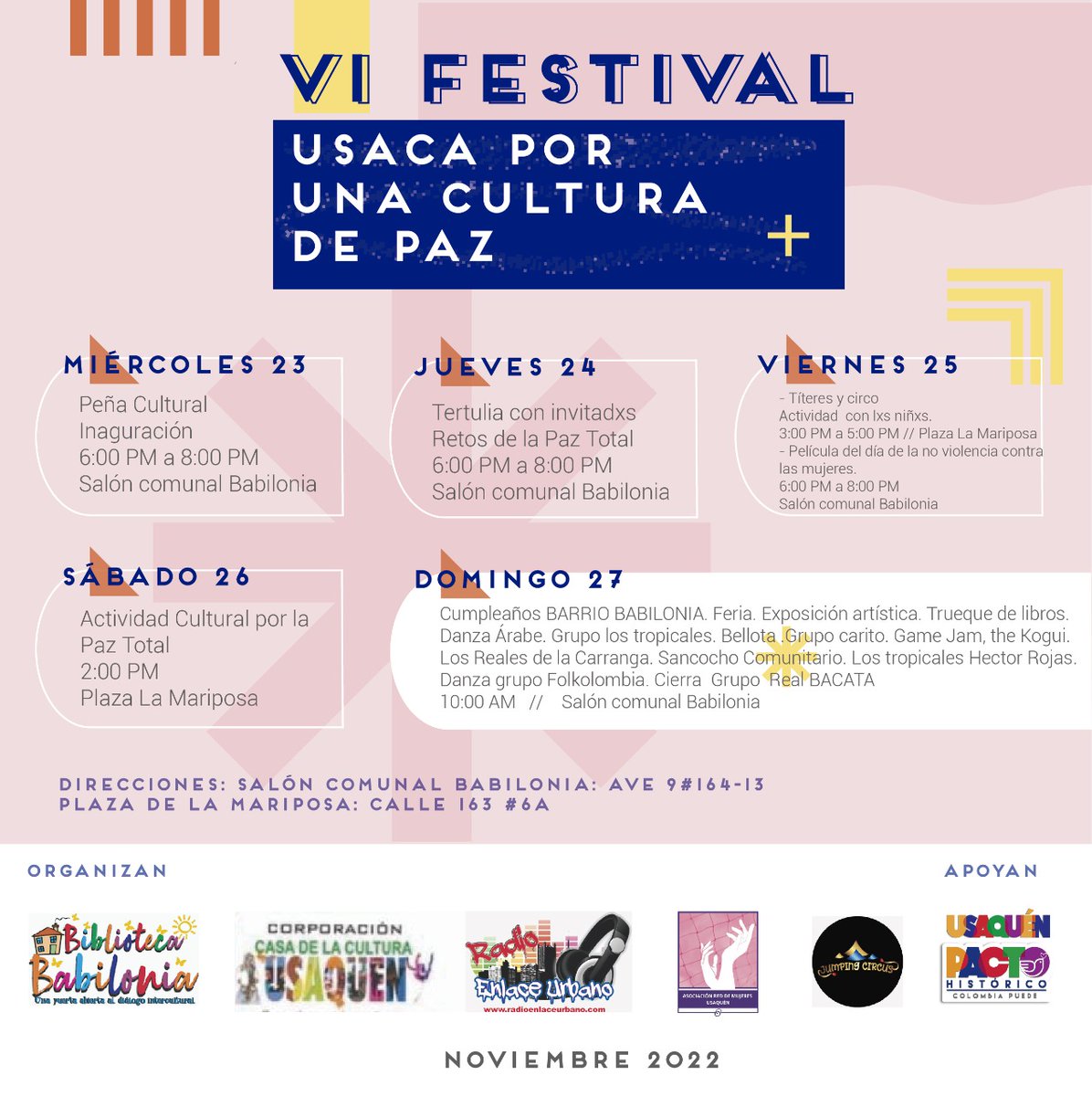 wacarrillo's tweet photo. Este #FelizLunes los queremos invitar al VI festival Usaca por una cultura de #paztotal acompáñanos a las diferentes actividades culturales #yocreoenlapaz https://t.co/3yv6zHcgHz