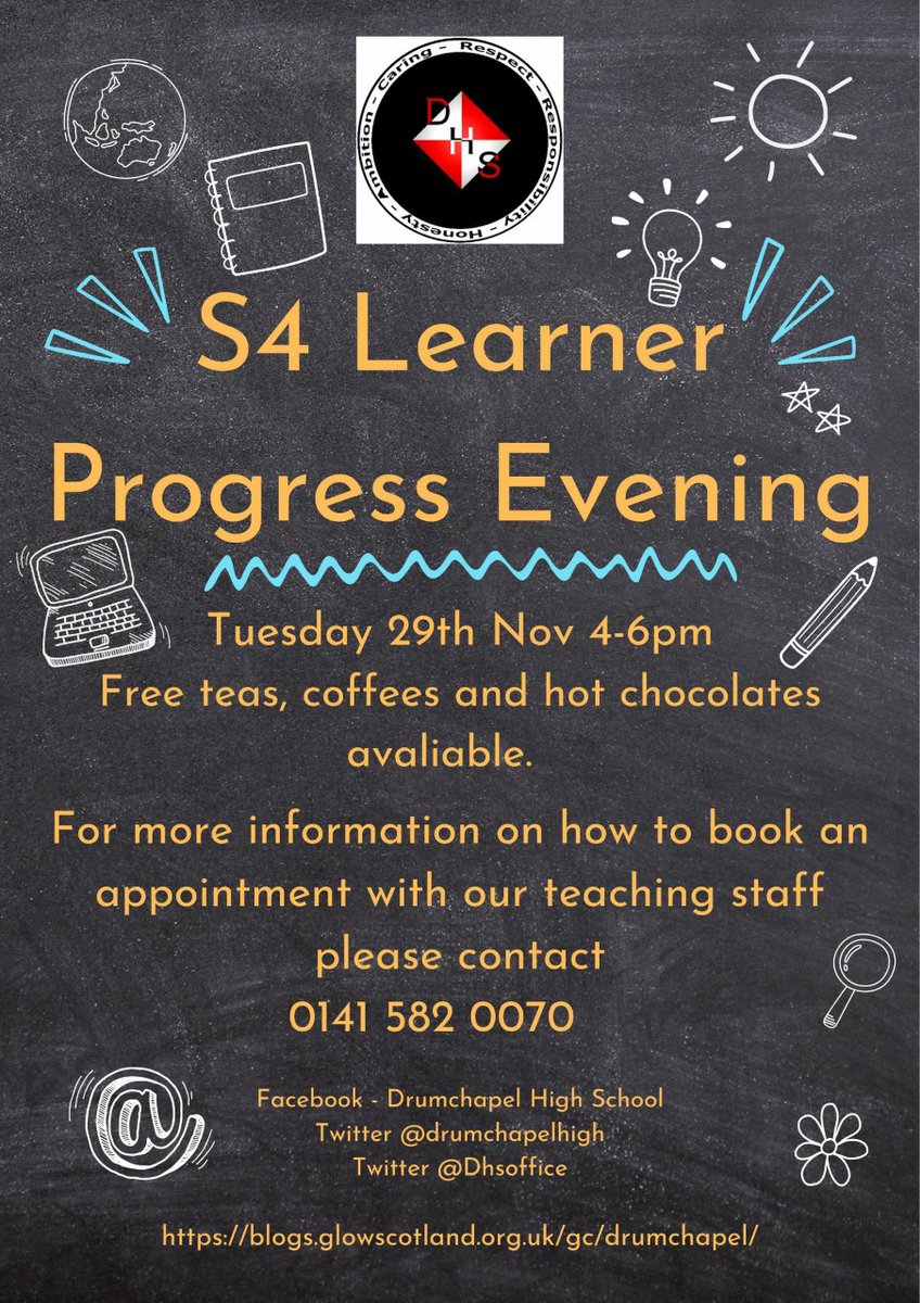 Calling all S4 Parents and Carers! Next Tuesday 29th November is the time to hear about all the fabulous work your child has been doing. Even if you don't have an appointment please come along. We even offer a free hot drink!