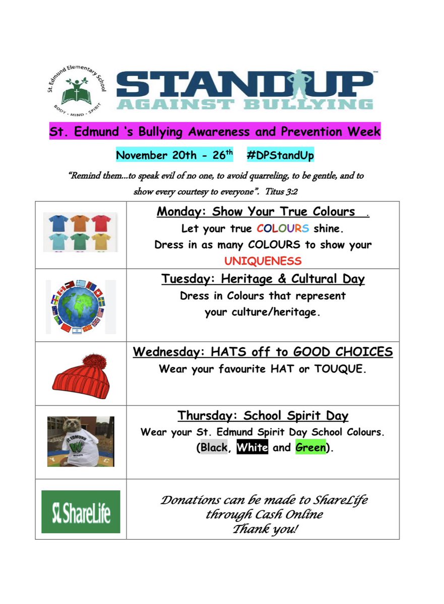 edmund_st's tweet photo. During Bullying Awareness & Prevention Wk.Nov.20-26 @edmund_st will be participating in a spirit week & using @DPEquity resources promoting safe & caring schools #DPStandUp
“Blessed are the peacemakers,for they will be called children of God” Matthew 5:9 https://t.co/Z1IgUgYNKZ