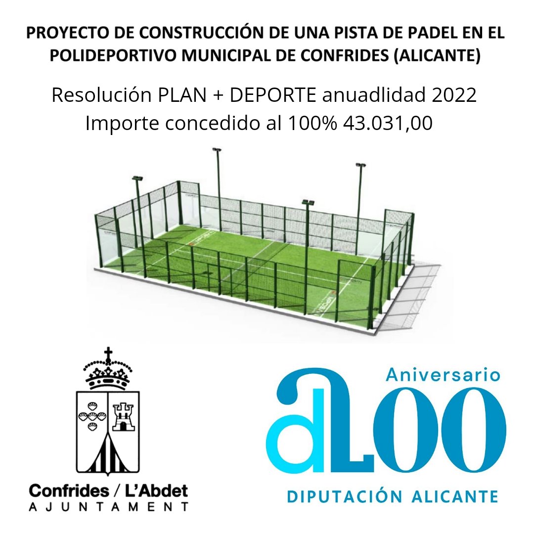 RubenPicoES's tweet photo. @dipuAlicante ha publicado la resolución de la concesión de una subvención al 100% de 43.031€ ‼️ para la construcción de una PISTA DE PADEL 🎾 en el Polideportivo de Confrides.

Esta subvención pertenece al PLAN + DEPORTE ANUADLIDAD 2022.

#Confrides #LAbdet #ConfridesLAbdet https://t.co/ux33iaszGp