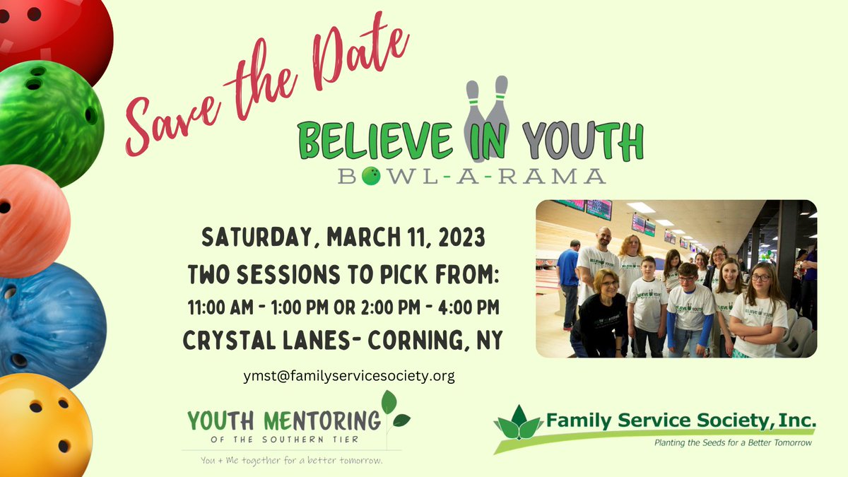 FamilySvcSoc's tweet photo. Save the date! The YMST Believe in Youth Bowl-a-Rama is happening on Saturday, March 11, 2023. More details coming soon.

Start getting your team together now so you'll be ready to bowl for a great cause in March! https://t.co/fuwjvFFNDY