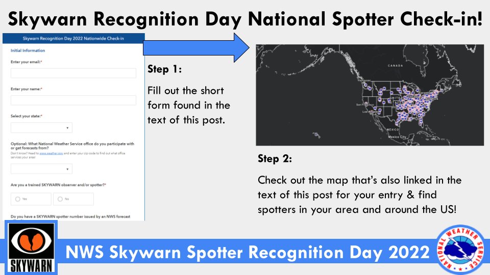 NWS's tweet photo. We want to see where all of our spotters are across the nation! Before #Skywarn22 ends today, check in using the link below and see yourself on the map. It’s very easy, and it lets us acknowledge all of our spotters!
View the map and check in here: https://t.co/ewHADMS3yl https://t.co/IgdW09jgM4
