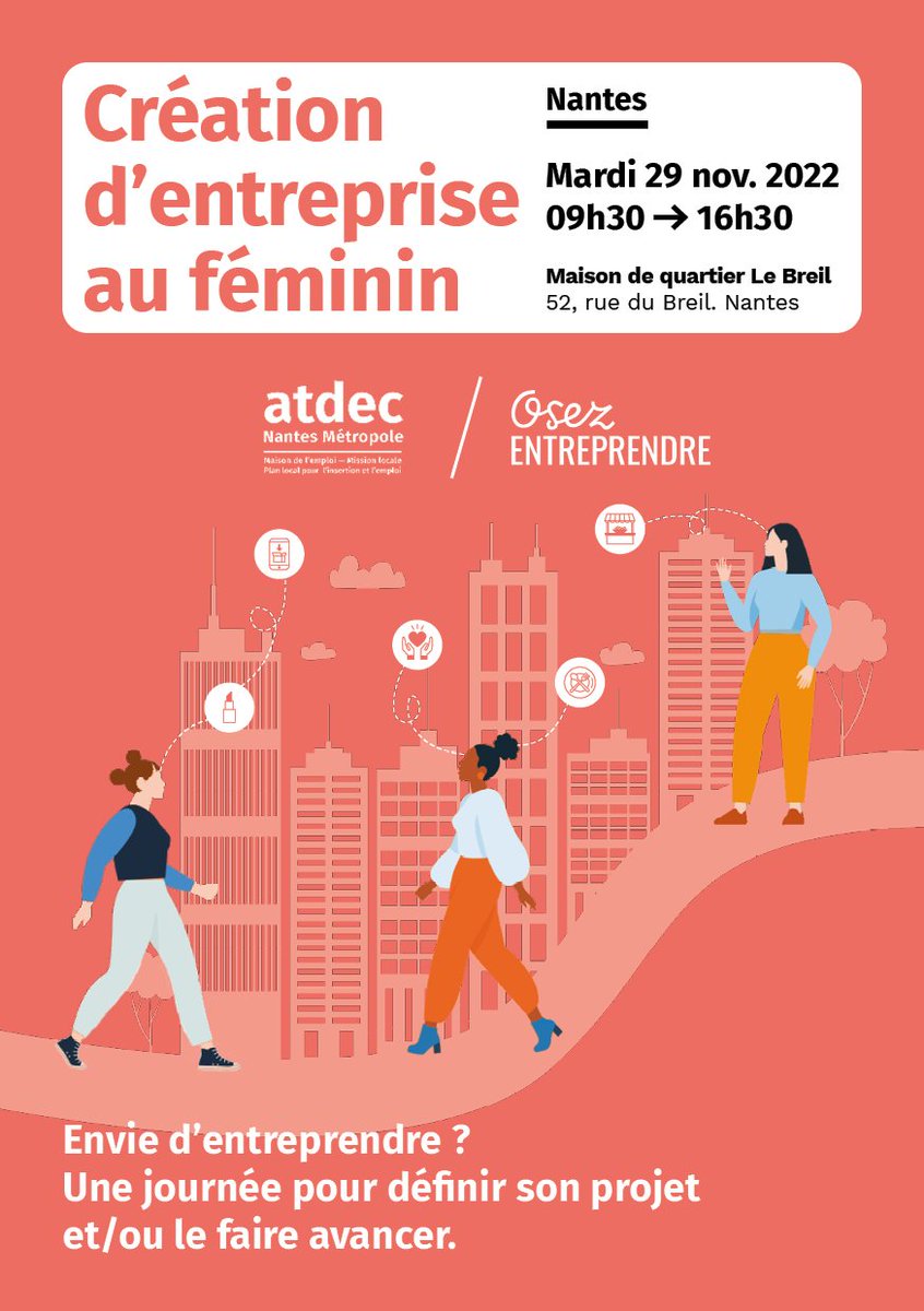 💪 Envie d’entreprendre ? Une journée pour définir son projet et/ou le faire avancer.
📅 Mardi 29 novembre 2022
🕘 09h30 - 16h30
📍 52 rue du Breil. Nantes
📞Infos et inscription : 06 88 63 45 88
👉atdec.org/evenements/cre…
#nantes <a href="/NantesMetropole/">Nantes Métropole</a>