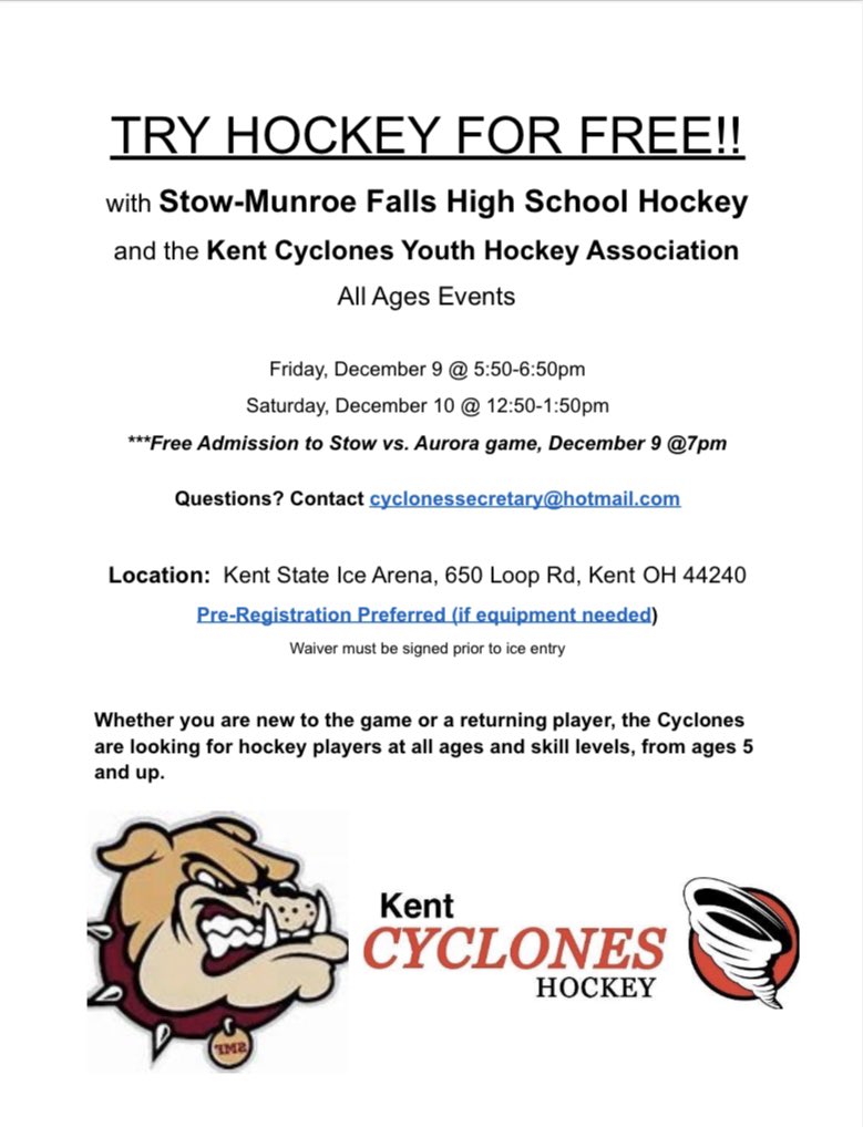 Attention SMF Students!! Come out 12/9 and 12/10 to Try Hockey for Free <a href="/KSUicearena/">Kent State Ice Arena</a> See link/details below. All participants get free admission to the Stow vs Aurora game on 12/9@7pm. <a href="/CyclonesIce/">Kent Cyclones Ice Hockey</a> <a href="/SMFSports/">SMFSports</a> <a href="/SMFSchools/">SMFSchools</a>                                   kent-cyclones.sportngin.com/register/form/…