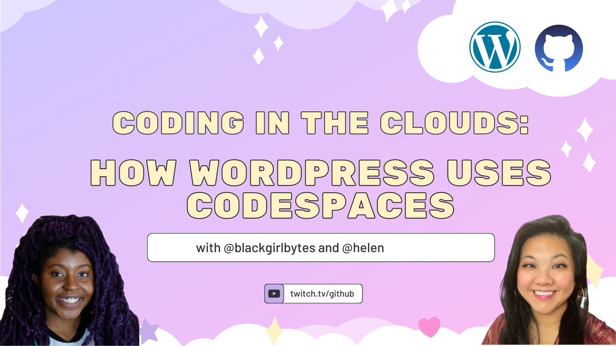 github's tweet photo. Did you know all GitHub users have access to 60 hours free GitHub Codespaces? Let's learn how we can get started.

Today at 3 pm ET, @helenhousandi will show @blackgirlbytes how @WordPress  uses Codespaces.🚀 

Join us live on Twitch at https://t.co/mukFNlUTK2 https://t.co/qd7rg4rg5y