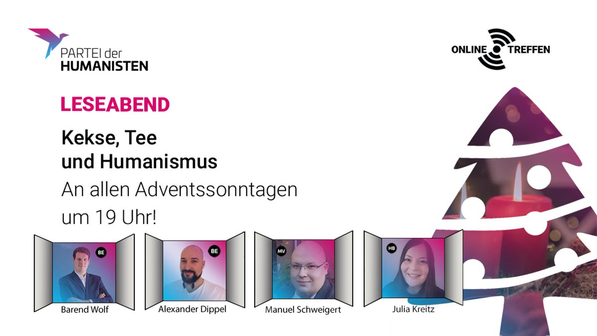 Partei der Humanisten Bremen (@pdh_bremen) on Twitter photo Wenn es draußen kalt und dunkel wird, dann macht es Euch doch drinnen mit uns gemütlich!
Zum Jahresende soll es um Literatur gehen. Geschichten und Gedichte, die uns mitfühlen lassen, aber auch zum Schmunzeln einladen... ❤😊🍵🍪❄
#Bremen #Bremerhaven
#Advent #Weihnachten Wenn es draußen kalt und dunkel wird, dann macht es Euch doch drinnen mit uns gemütlich!
Zum Jahresende soll es um Literatur gehen. Geschichten und Gedichte, die uns mitfühlen lassen, aber auch zum Schmunzeln einladen... ❤😊🍵🍪❄
#Bremen #Bremerhaven
#Advent #Weihnachten