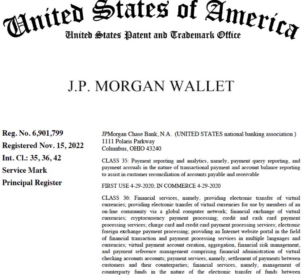btcksa44's tweet photo. خبر اليوم : أصبحت محفظة JP MORGAN الآن علامة تجارية مسجلة لنقل العملات الافتراضية وتبادلها ، ومعالجة الدفع عبر CRYPTO ، وحسابات التحقق الافتراضية ، والخدمات المالية .
#btc #bitcoin #eth #bnb $btc $bnb $eth $xrp #العملات_المشفرة #العملات_الرقميه https://t.co/4cWtkKIQpJ