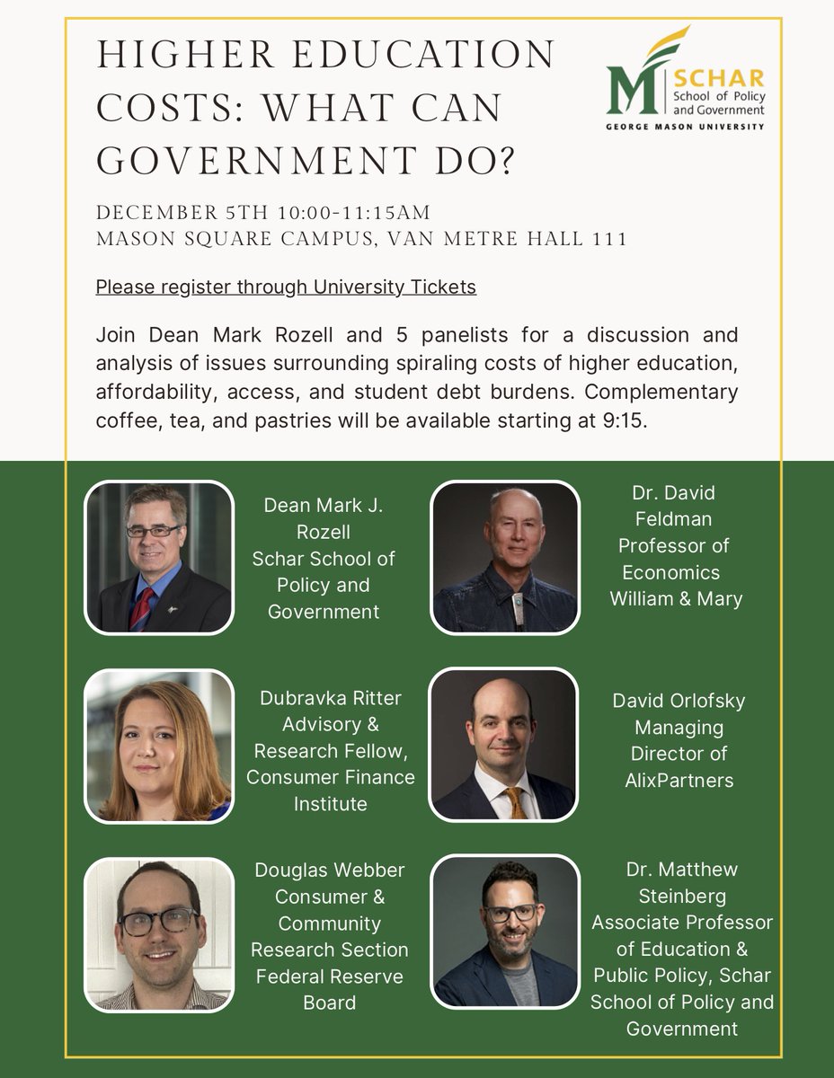 What can government do to control the cost of higher education? A panel of experts will explore that question Mon., Dec. 5, 10 a.m.ET, at @GeorgeMasonU's #MasonSquare. Free but register: bit.ly/3gpd6rY