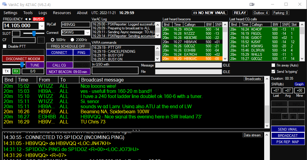 HB9VQQ's tweet photo. Broadcast messages new Feature with #VarAC 6.2.4 loving it #hamradio #HFChat #digimode https://t.co/6hlY8h0Nkw