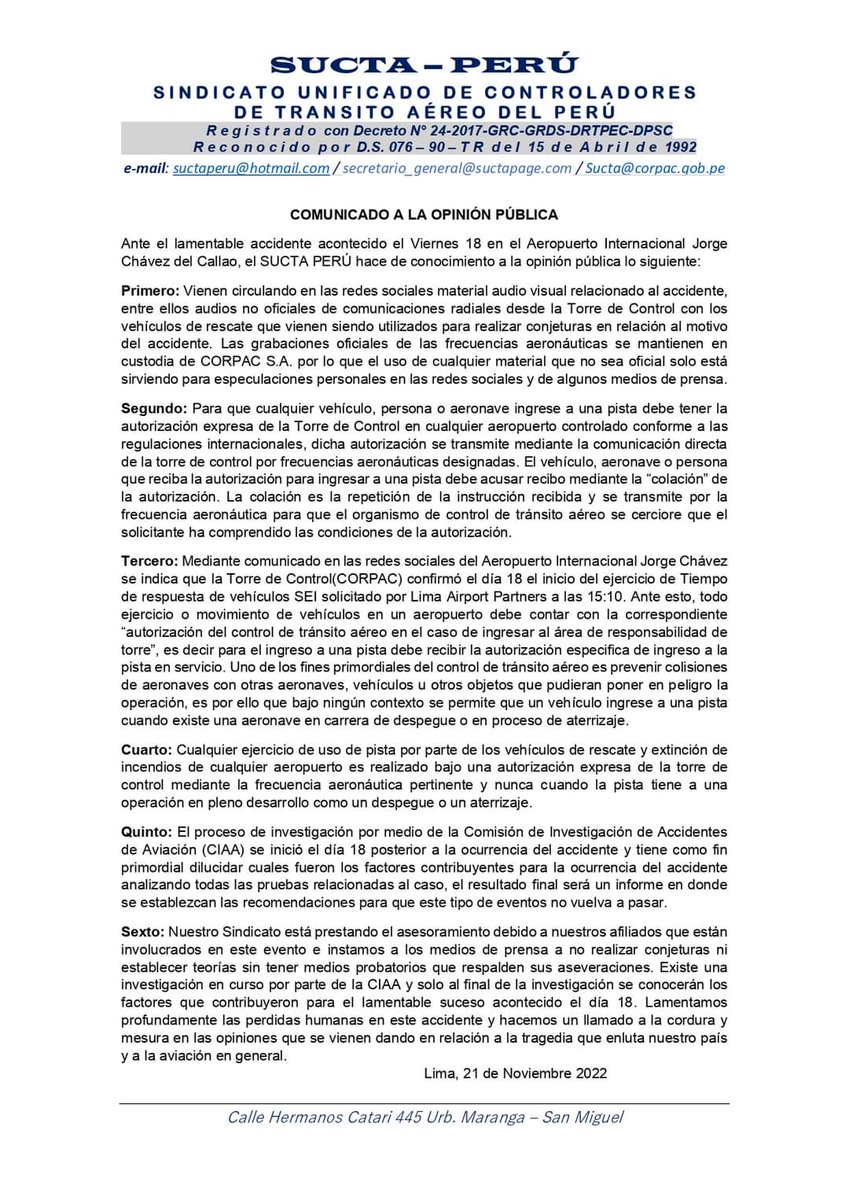ControladoresUY's tweet photo. Compartimos y apoyamos plenamente las opiniones vertidas por nuestros compañeros de @SuctaP en el comunicado.
@ifatca @IFALPA 
#IFATCA #IFALPA https://t.co/pGySNRhgpC