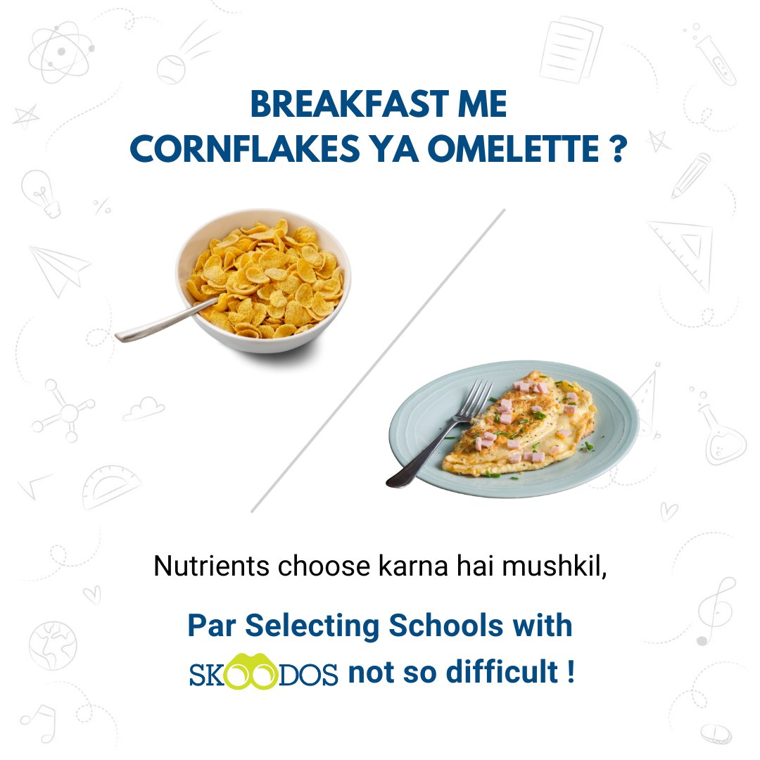 Skoodos4parents's tweet photo. Selecting the right breakfast that’ll help in their nutritional consumption is difficult but choosing the right school not at all.
Just identify your child’s needs and choose the perfect school.
#skoodos #thisorthat #cornflakes #omelette #breakfast #school #SchoolSearchEngine https://t.co/FTJk1mpkIS