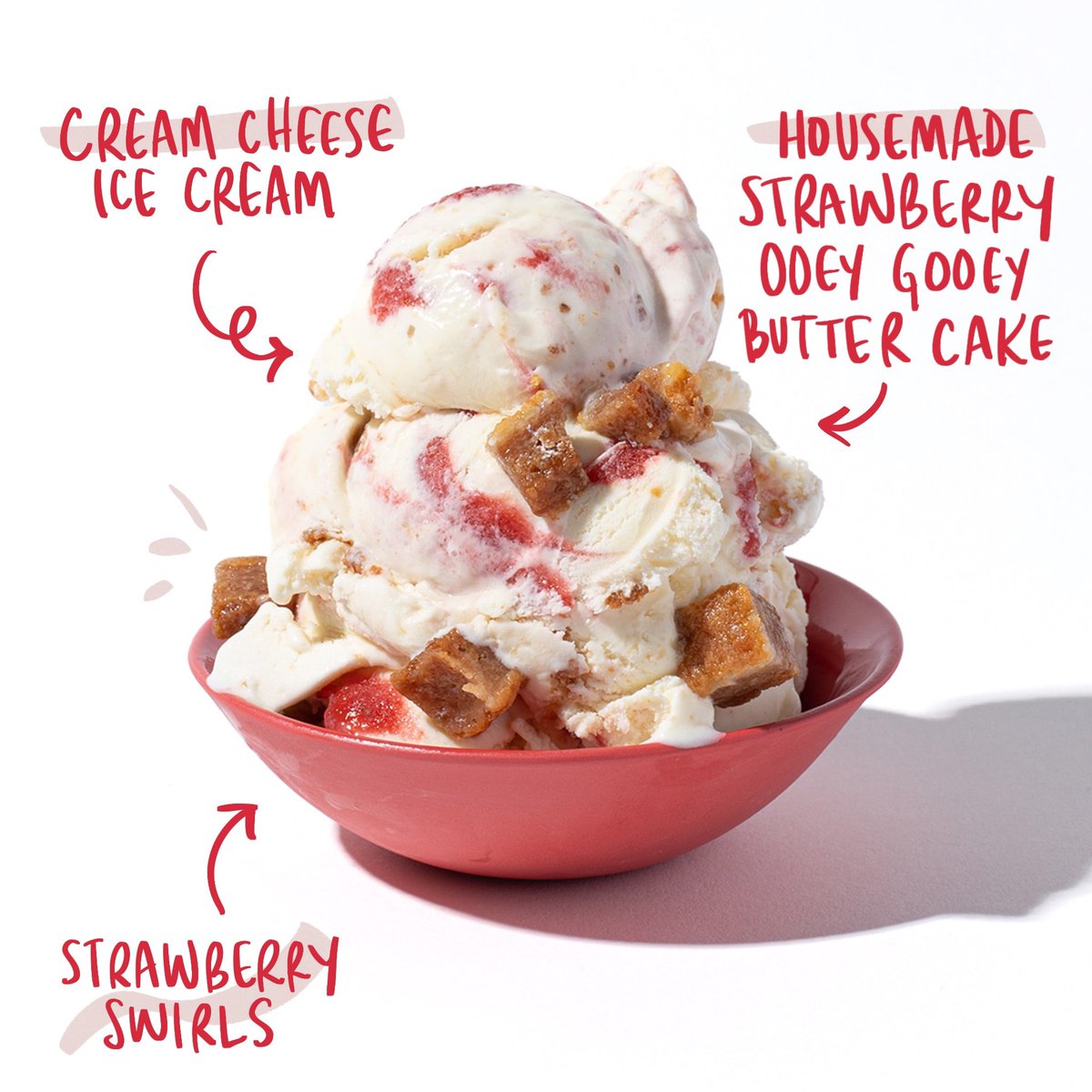 🍓 Strawbooey Gooey 🍓 was named by our Amployee George, who coined the word "strawbooey" while developing the brand new strawberry ooey gooey butter cake! This brand-new berry butter cake is made with real strawberries for a 100% authentic fresh, fruity tang.