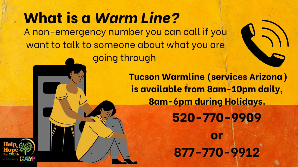 HelpHopeYOUth's tweet photo. You might not need a crisis line, but you do want to talk to someone. A warm line is a valuable resource that is offered locally by region.
#MentalHealthMatters #Resource #Youth #Tucson #Phoenix https://t.co/pS24OESRXb