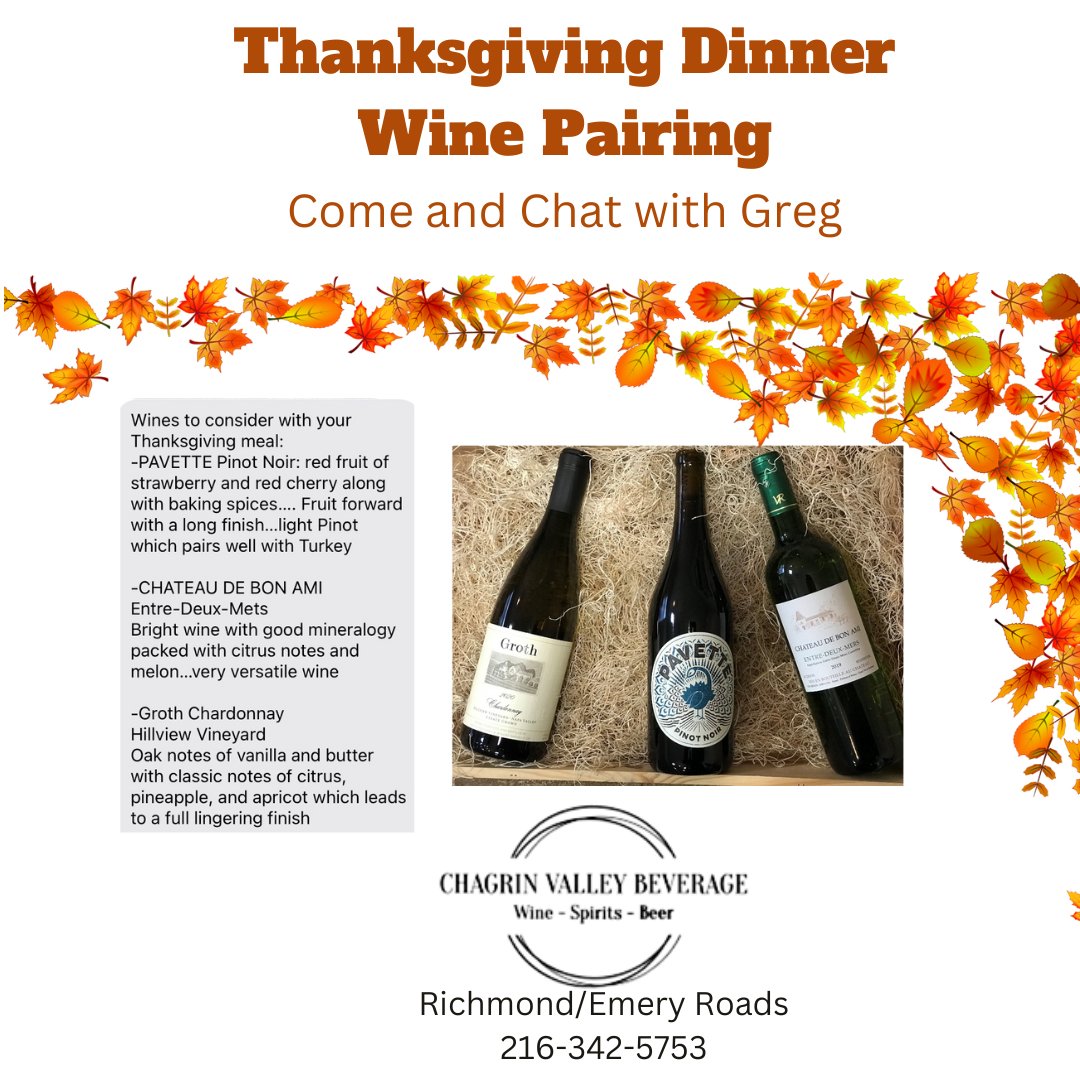 cvbeverage's tweet photo. #chagrinvalleybeverage #wine #happythanksgiving #grothwines #pavettewine #Chateaudebonami https://t.co/gukQG5NcgA