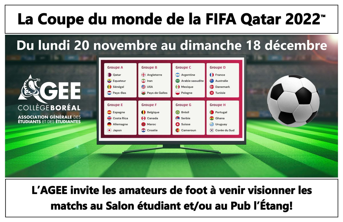 AGEE_Boreal's tweet photo. Quel pays sera couronné grand champion de la Coupe du monde? #AGEE #Sudbury #CollègeBoréal https://t.co/b0BR60KUD0