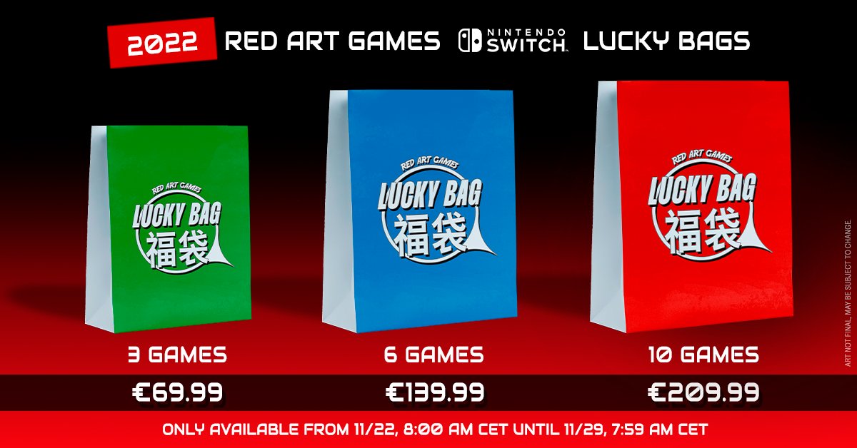 RedArtGames's tweet image. 🛍Our 2022 Red Art Games Lucky Bags are now available!

From now until Tuesday November 29th at 7:59 AM CET, you can purchase Lucky Bags full of either #NintendoSwitch or #PS4 games picked at random!

Rare &amp;amp; sold out titles included!

🛒bit.ly/RAGLB22