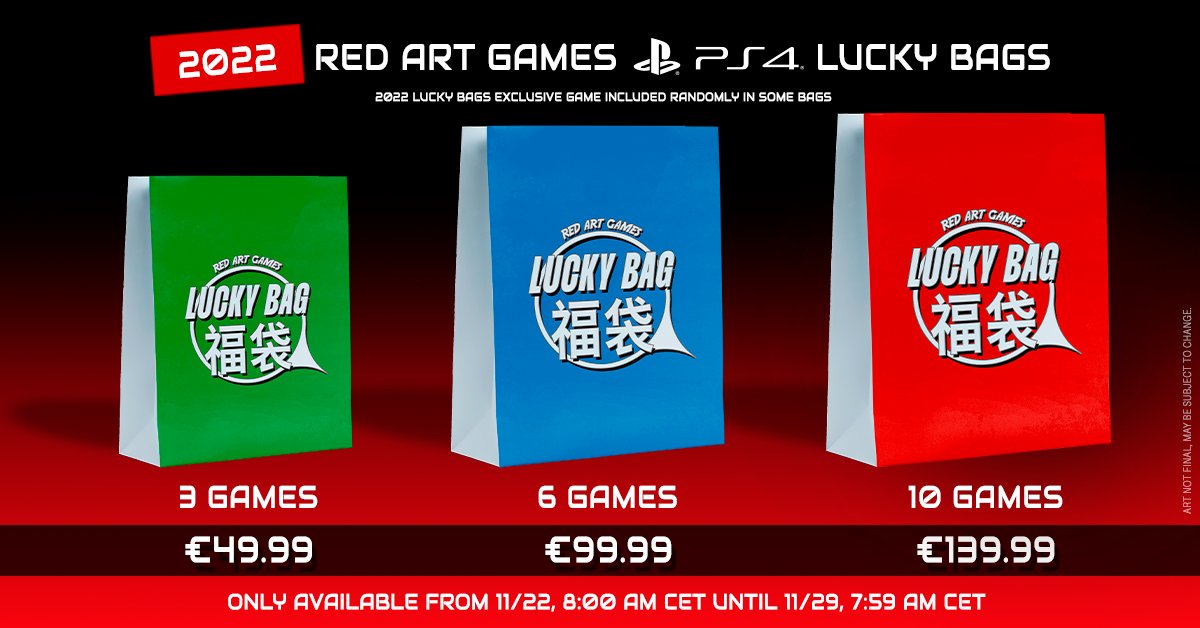 RedArtGames's tweet image. 🛍Our 2022 Red Art Games Lucky Bags are now available!

From now until Tuesday November 29th at 7:59 AM CET, you can purchase Lucky Bags full of either #NintendoSwitch or #PS4 games picked at random!

Rare &amp;amp; sold out titles included!

🛒bit.ly/RAGLB22