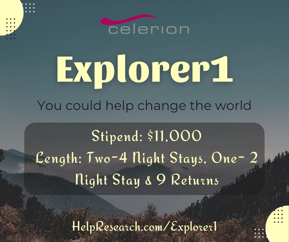 Research Study! Join our Explorer1 Study &amp; earn up to $11,000 for Two- 4 Night Stays, One - 2 Night Stay &amp; 9 Returns. Refer A Friend and earn $500. To see if you qualify visit HelpResearch.com/Explorer1 today! 
 #clinicaltrials #clinicalresearch