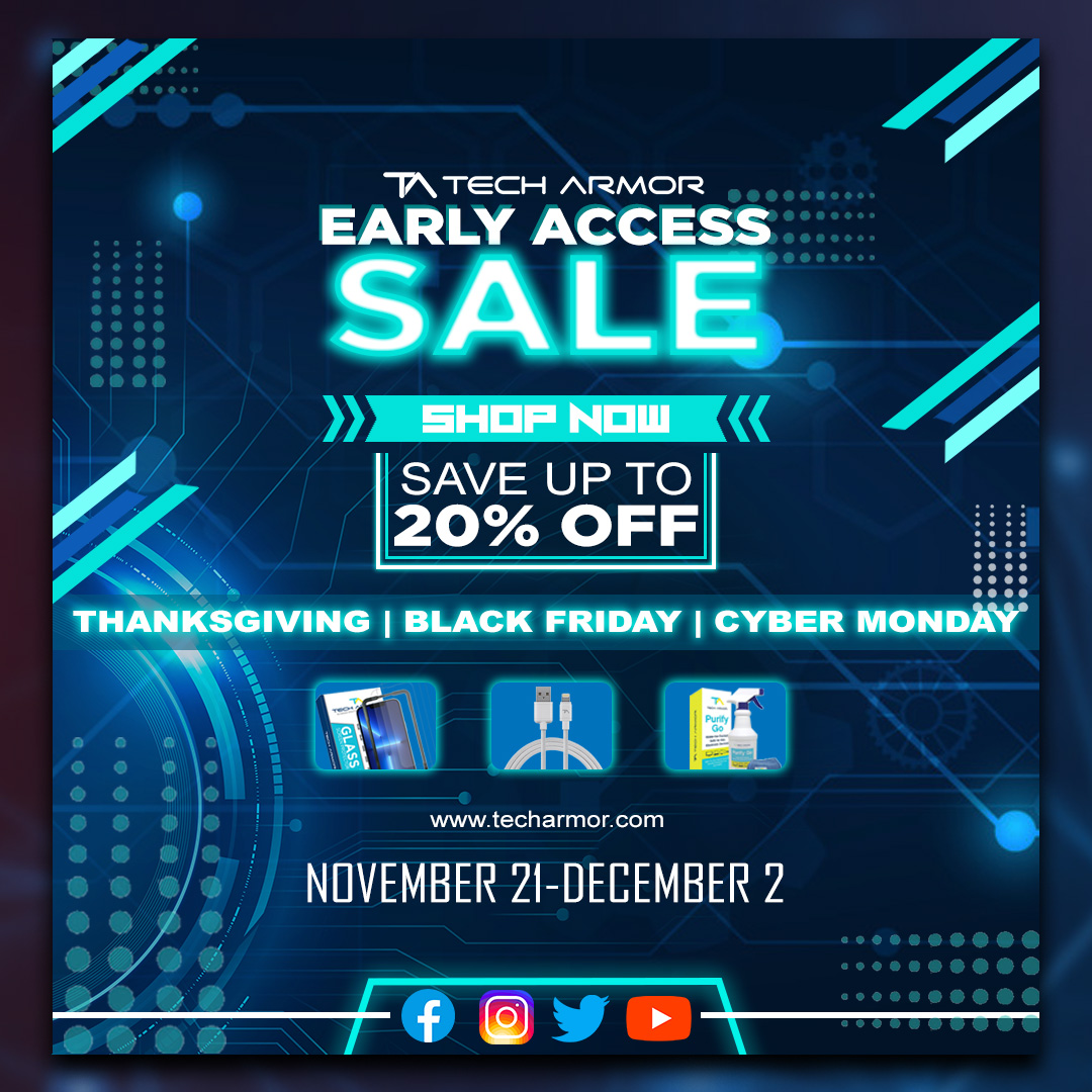 TA_TechArmor's tweet image. At Tech Armor, there is no need to wait until after Thanksgiving: our Black Friday and Cyber Monday sales are ongoing. You can visit us at Amazon, eBay, and Walmart to start your holiday shopping

#Techarmor 
#thanksgivingdeals
#BlackFridaydeals
#cybermondaydeals