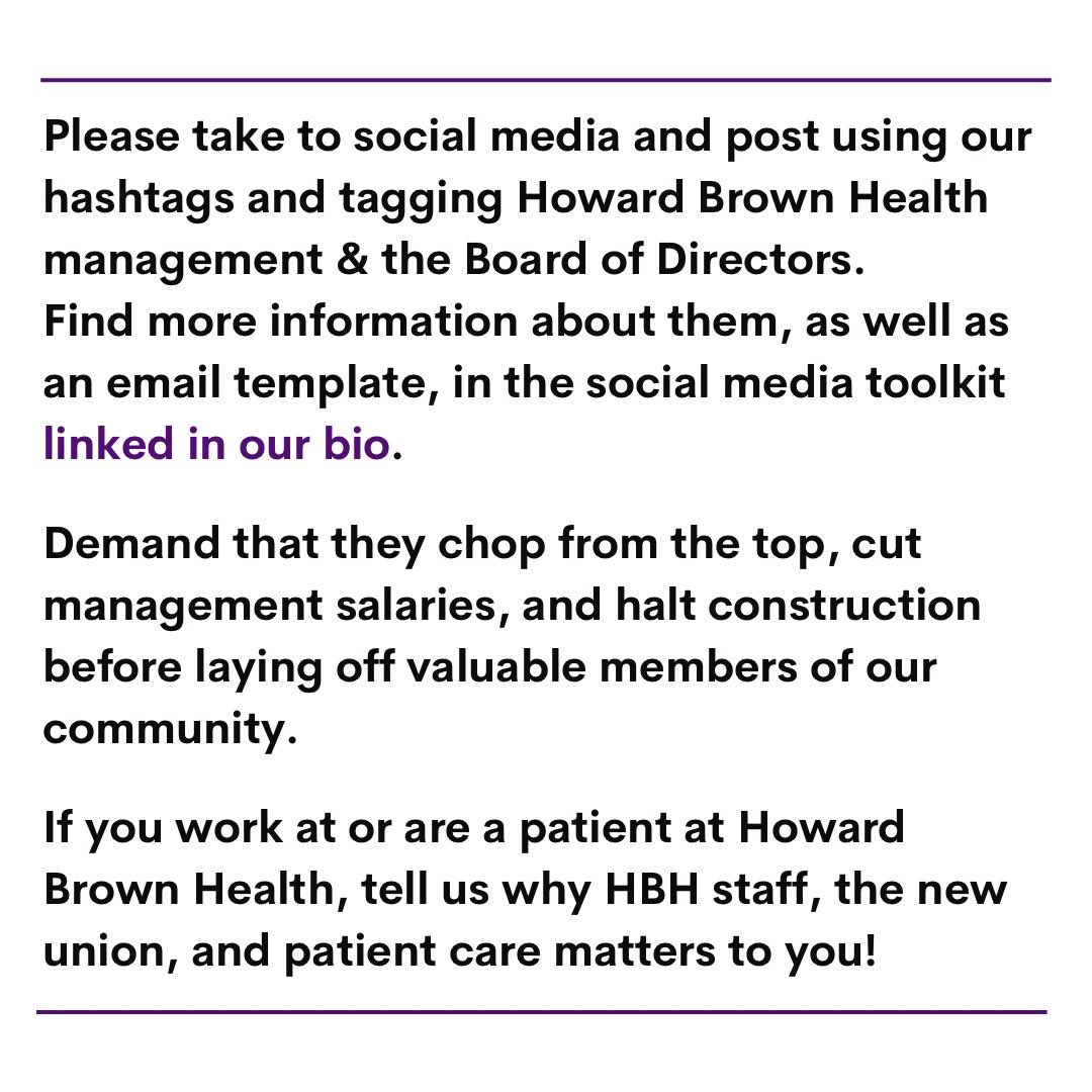Howard Brown Health staff is essential, not disposable! Protect patient care, say NO to layoffs! Swipe through for more information.