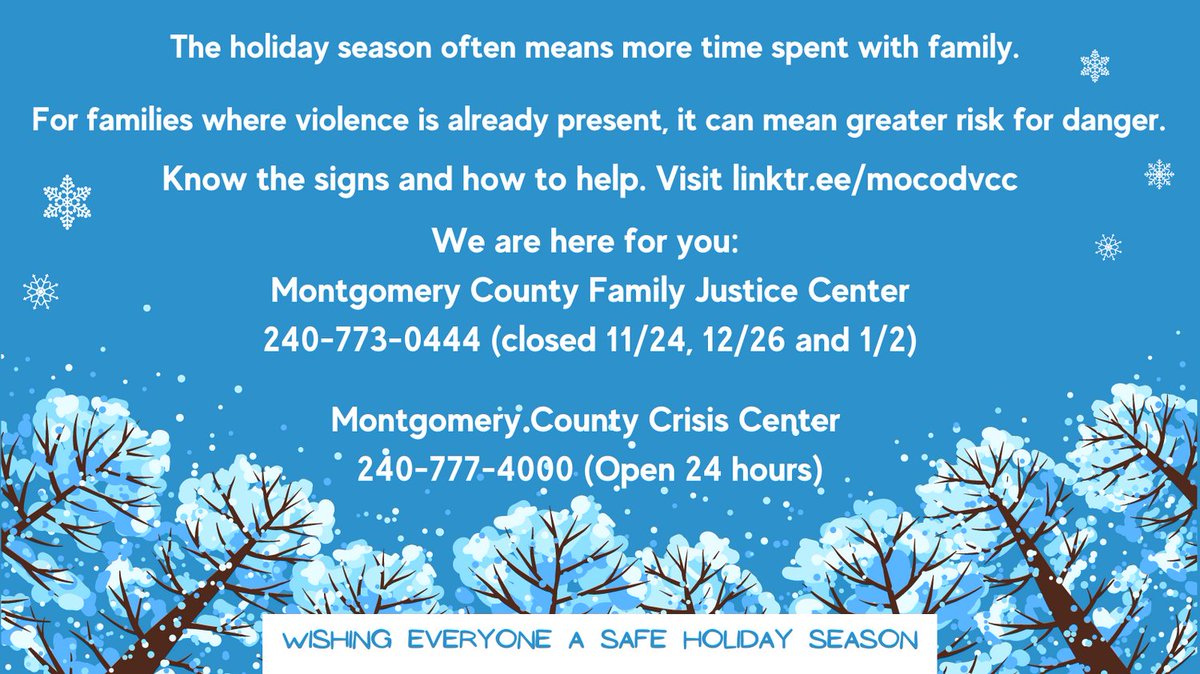 mocodvcc (@mocodvcc) on Twitter photo As we enter the holiday season, please remember that home is not always safe for everyone. Learn how you can help: thehotline.org/support-others/. And remember, Montgomery County services are free and open.
<a href="/MCSAONEWS/">Montgomery County State's Attorney's Office</a> <a href="/mcpnews/">Montgomery County Department of Police</a> <a href="/MontgomeryCoMD/">Montgomery County MD Government</a> <a href="/mcfjcfoundation/">MCFJC Foundation</a> <a href="/MoCoDHHS/">Montgomery County DHHS</a> <a href="/mcps/">MCPS</a> As we enter the holiday season, please remember that home is not always safe for everyone. Learn how you can help: thehotline.org/support-others/. And remember, Montgomery County services are free and open.
<a href="/MCSAONEWS/">Montgomery County State's Attorney's Office</a> <a href="/mcpnews/">Montgomery County Department of Police</a> <a href="/MontgomeryCoMD/">Montgomery County MD Government</a> <a href="/mcfjcfoundation/">MCFJC Foundation</a> <a href="/MoCoDHHS/">Montgomery County DHHS</a> <a href="/mcps/">MCPS</a>