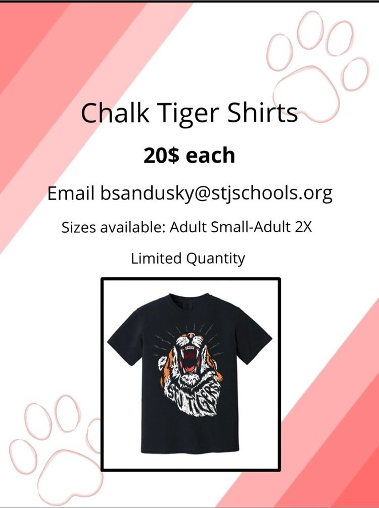 STJ Student Council shirts are available for purchase; email Ms.Sandusky to arrange for payment and pickup. 🐅
