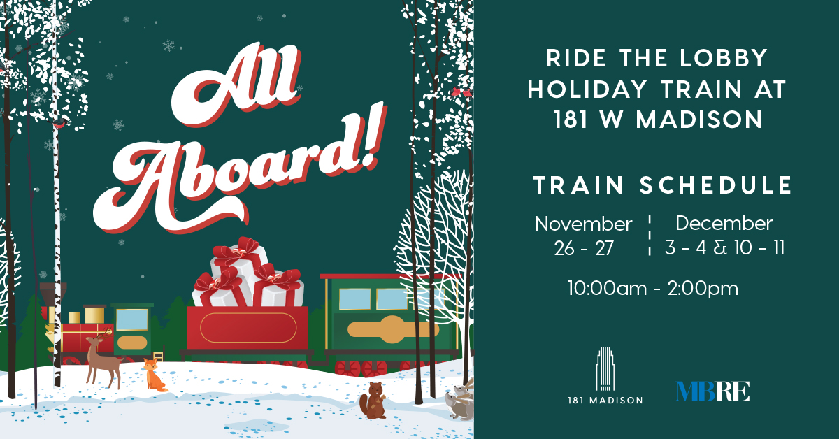 All Aboard!
The 181 lobby will be transforming into an Enchanted Forest this coming weekend. Stop by to see the stuffed animals and gnomes up for adoption. The holiday train will operate November 26th – 27th, December 3rd – 4th, and December 10th – 11th from 10:00 am to 2:00 pm.