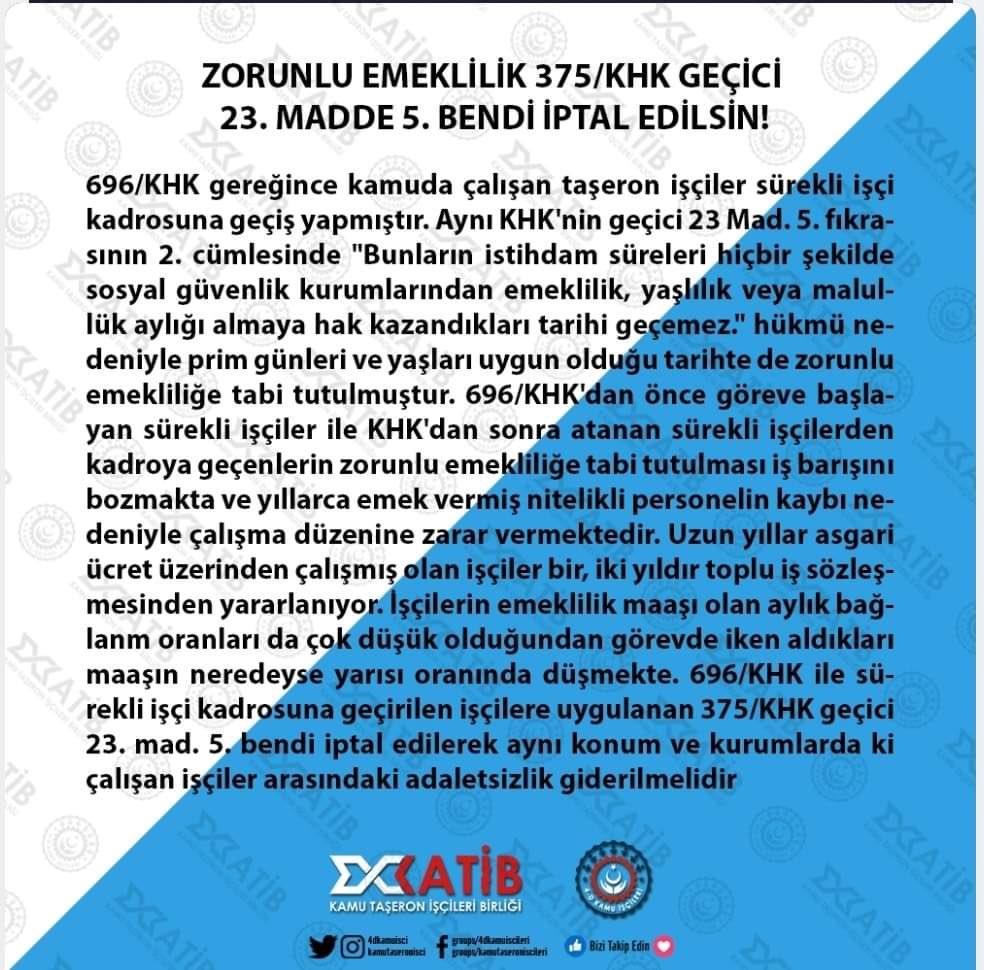 #ZorunluEmeklilikİstemiyoruz 
696 KHK Geçici 23.madde iptal edilmelidir.
Emeklilik tüm emekçiler için isteğe bağlı olmalıdır.
ABO oranları yükseltilmelidir

<a href="/vedatbilgn/">Vedat Bilgin</a>
<a href="/RTErdogan/">Recep Tayyip Erdoğan</a>
<a href="/turkiskonf/">TÜRK-İŞ</a>
<a href="/csgbakanligi/">T.C. Çalışma ve Sosyal Güvenlik Bakanlığı</a>
<a href="/fahrettinaltun/">Fahrettin Altun</a>
<a href="/Hayati_Yazici/">Hayati Yazıcı</a>
<a href="/MustafaSentop/">Mustafa Şentop</a>  
<a href="/NureddinNebati/">Dr.Nureddin NEBATİ🇹🇷</a>