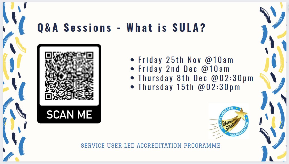 Do you want to find out more about the Service User-Led Accreditation Programme? Join our “What is SULA?” that we are holding for staff! <a href="/NHS_ELFT/">East London NHS Foundation Trust (ELFT)</a> <a href="/elft_ppl/">ELFT-Participation</a> <a href="/DrAmarShah/">Amar Shah</a> @LorraineSunduza
If you would like to attend, please register using the QR code