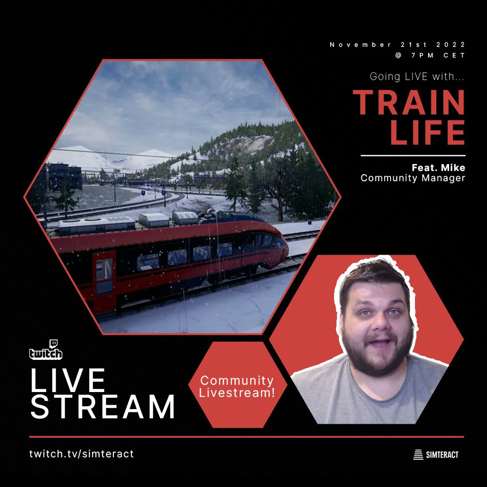 simteract's tweet image. It&apos;s time for our weekly community stream! Join our community manager Mike on our #twitch channel: buff.ly/3Fe86xV and lets have a discussion! 

#gamedev #communitystream #trainlife #simtrain #trainsim #gamedevelopment #indiedevelopment #indiedev #twitchtv #gamedevstream