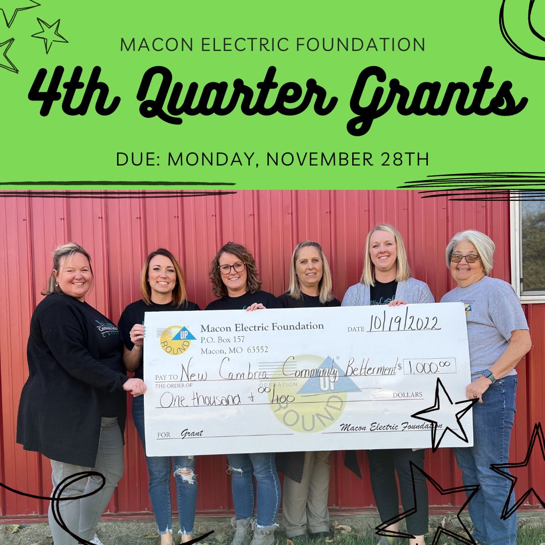 MaconElectric's tweet photo. Do you know of a local nonprofit organization that needs funding? The Macon Electric Foundation awards qualifying projects up to $1,000! Fourth-quarter applications are due November 28, 2022! Check out our website for more information and the application: https://t.co/6Z2aPjYXds! https://t.co/1XQhuuoVmK