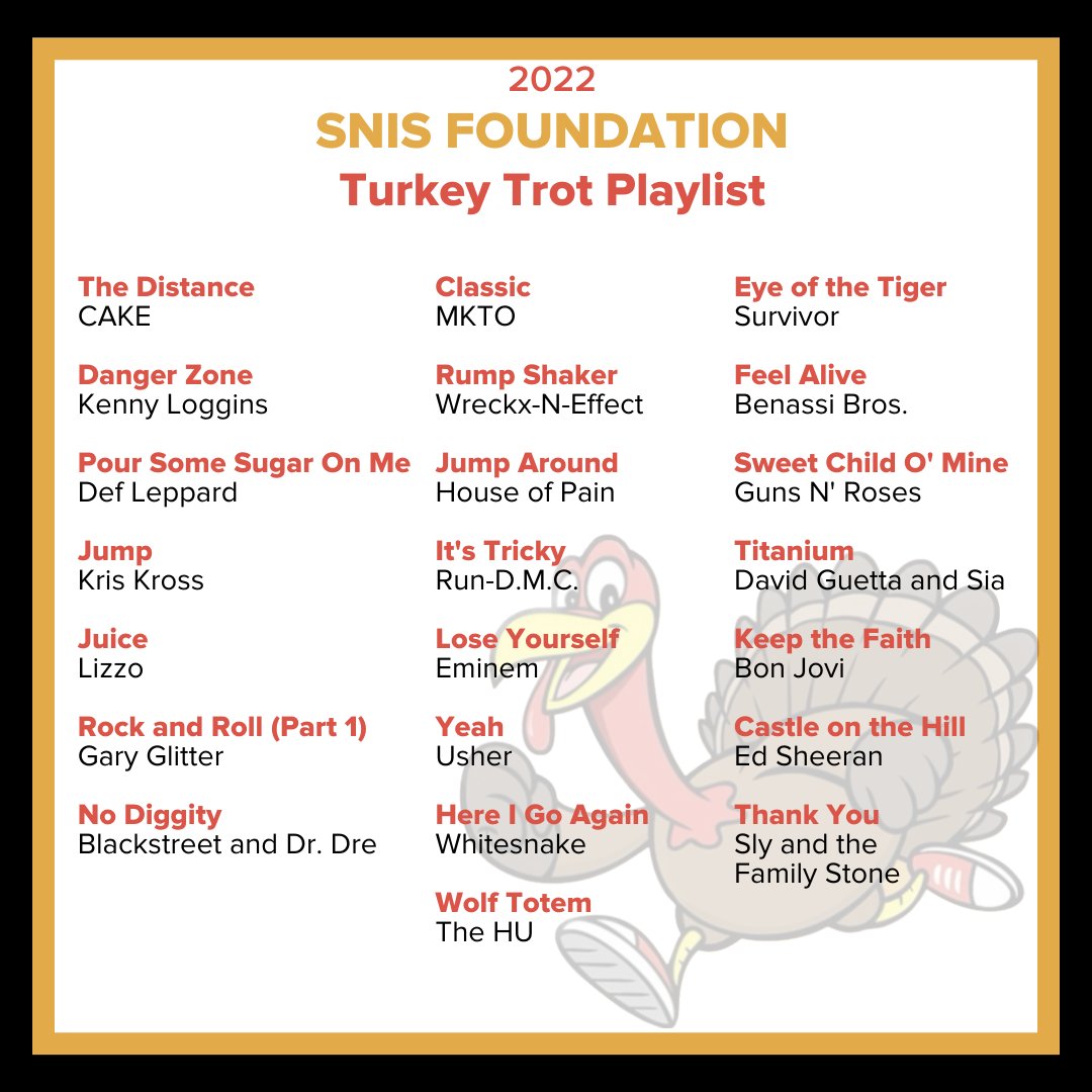 SNISinfo's tweet photo. We asked, you answered! The official #SNISFoundation #TurkeyTrot playlist is here! 🎶We hope you enjoy it as you walk, run, bike or row your way to the end of the month. Thanks to everyone who submitted songs➡️ https://t.co/qmICcsDzyb https://t.co/9oOxTaQacd